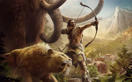 An HD wallpaper featuring a saber-toothed tiger and a hunter preparing to shoot an arrow, set in the prehistoric world of Far Cry Primal amidst a vibrant landscape.