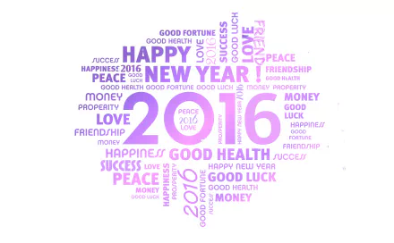 A vibrant HD desktop wallpaper for New Year 2016, featuring colorful text expressing wishes for happiness, health, love, peace, and success in various styles and sizes.