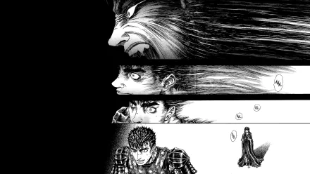 A striking HD wallpaper featuring Casca and Guts from the anime Berserk. The artwork captures intense emotions with dynamic black and white illustrations.