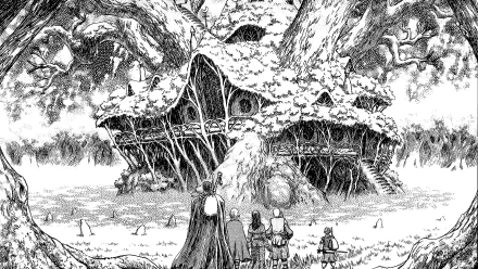 An intricately detailed scene from Berserk featuring characters Isidro, Serpico, Farnese, Casca, and Guts, standing before a mystical treehouse in a fantastical landscape.
