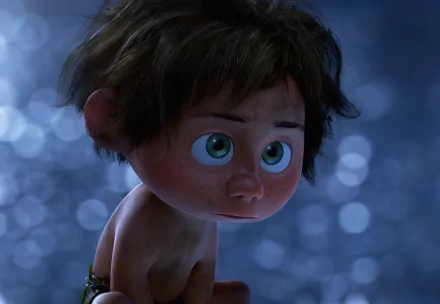 HD wallpaper featuring Spot from Pixar and Disney's movie The Good Dinosaur. The background showcases a serene, bokeh-lit night setting, creating a calm atmosphere around the character.