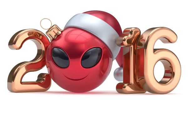 HD PC desktop wallpaper featuring a festive red alien ornament wearing a Santa hat, integrated with shiny gold numbers forming 2016 for the New Year holiday.