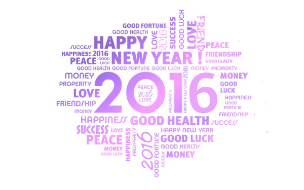 A vibrant HD desktop wallpaper for New Year 2016, featuring colorful text expressing wishes for happiness, health, love, peace, and success in various styles and sizes.