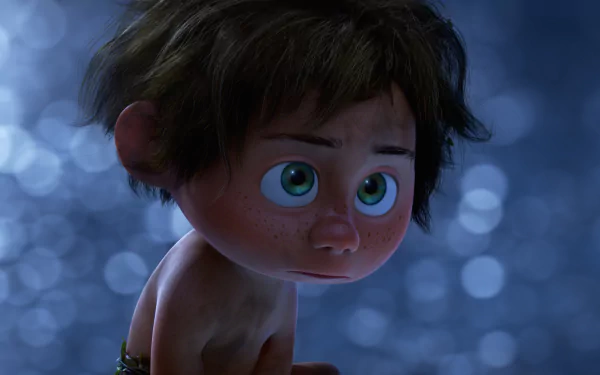 HD wallpaper featuring Spot from Pixar and Disney's movie The Good Dinosaur. The background showcases a serene, bokeh-lit night setting, creating a calm atmosphere around the character.