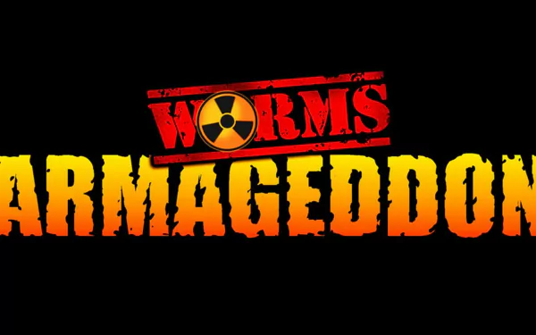 HD PC desktop wallpaper/background of the Worms Armageddon logo: distressed red and yellow text with a radiation symbol on a stark black background.