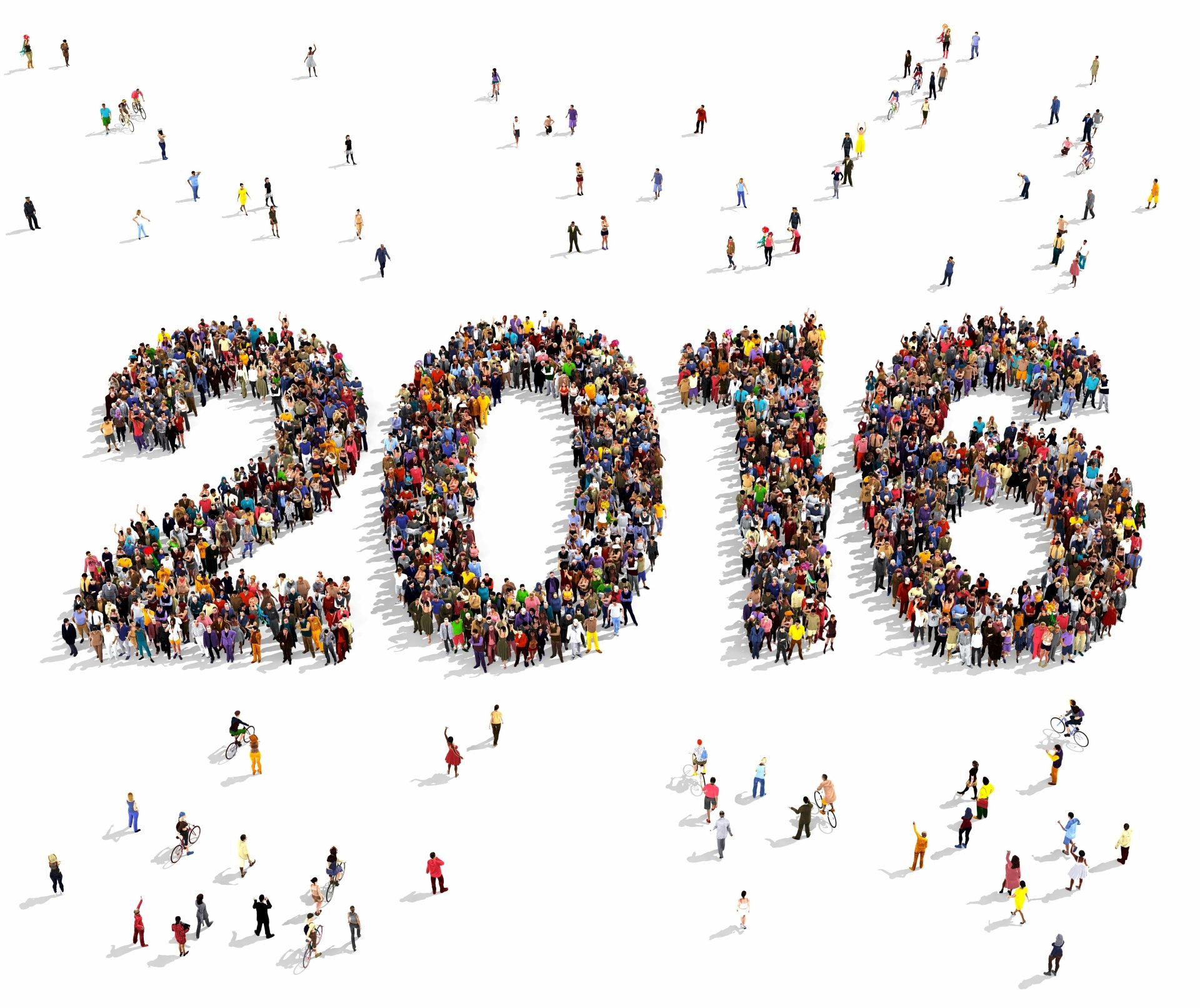 A large crowd of people forming the numbers 2016, celebrating the New Year holiday in a vibrant 4K Ultra HD PC desktop wallpaper and background.
