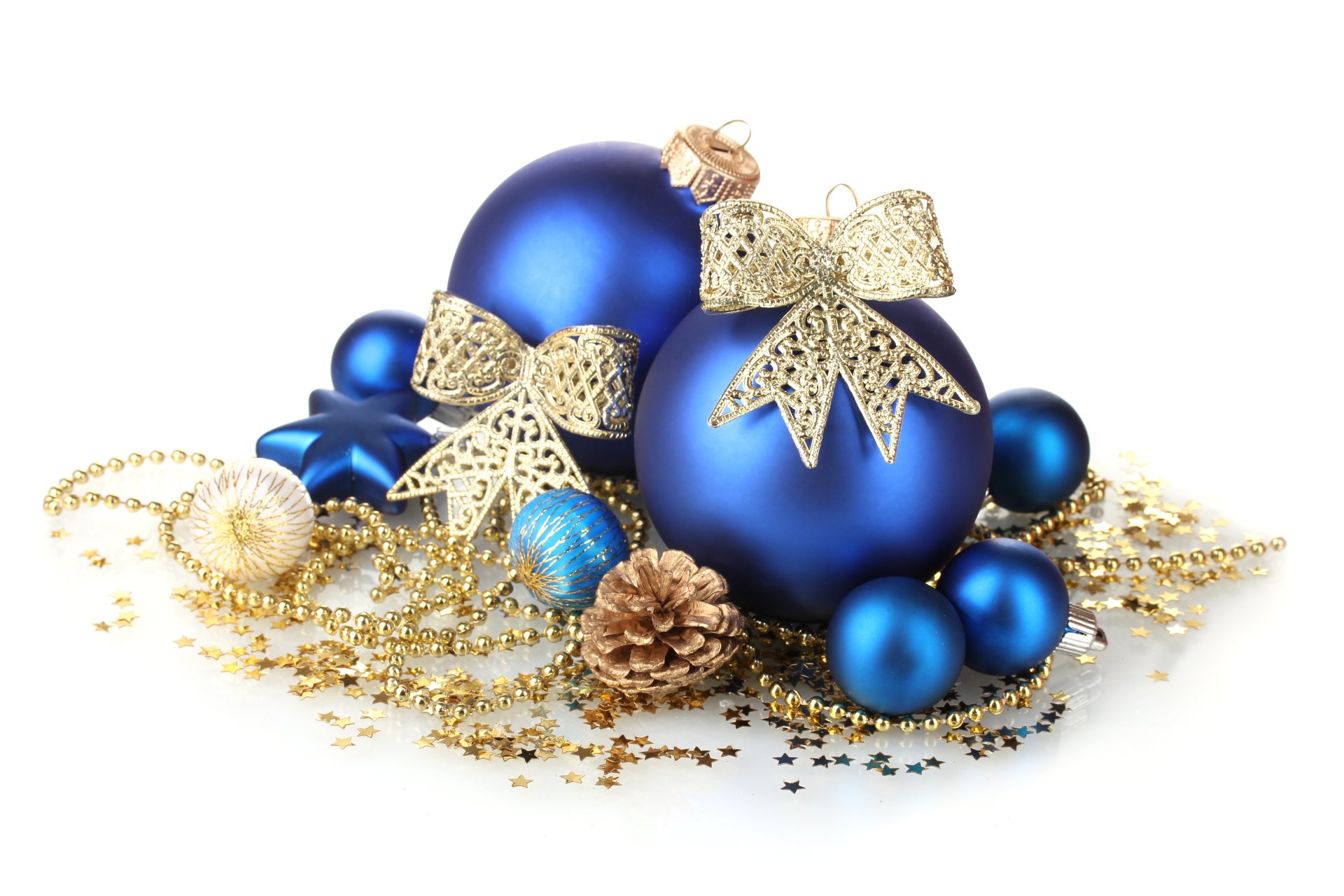 A collection of blue Christmas ornaments with gold bows, surrounded by festive decorations and a pinecone, capturing the essence of holiday cheer in a vibrant 4K Ultra HD background.