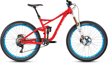 A sleek red mountain bike with blue accents, featured prominently in a detailed 4K Ultra HD wallpaper, showcasing its rugged design and advanced features.