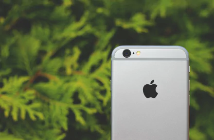 Close-up of an Apple iPhone with a sharp focus on the device and a blurred green foliage background, captured in 4K Ultra HD with depth of field effect.