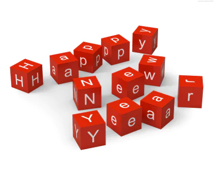 4K Ultra HD PC desktop wallpaper: scattered red cubes with white letters spelling Happy New Year and 2015 on a white background, festive holiday New Year design.