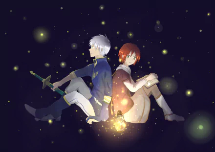 HD wallpaper featuring Zen Wistalia and Shirayuki from Snow White With The Red Hair, sitting back-to-back amidst glowing lights, capturing a serene and magical atmosphere.