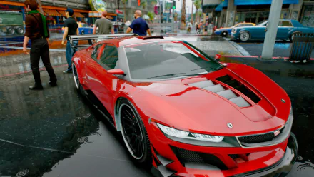 A vibrant HD wallpaper from Grand Theft Auto V featuring a sleek red sports car parked on a rain-soaked street with pedestrians and cars in the background.