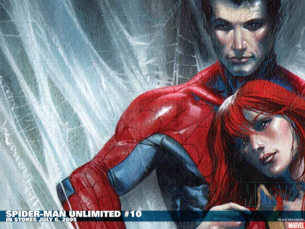HD PC desktop wallpaper featuring Spider-Man and Mary Jane from the Spider-Man Unlimited comic series in a dramatic and intense pose.