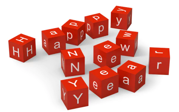 4K Ultra HD PC desktop wallpaper: scattered red cubes with white letters spelling Happy New Year and 2015 on a white background, festive holiday New Year design.