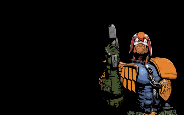 HD comic-style desktop wallpaper featuring Judge Dredd in his iconic armor aiming a weapon against a black background.