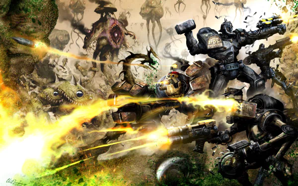 Comic-style HD PC desktop wallpaper of Judge Dredd in heavy armor, firing blazing energy weapons amid explosions while battling monstrous alien creatures in a chaotic, war-torn landscape.