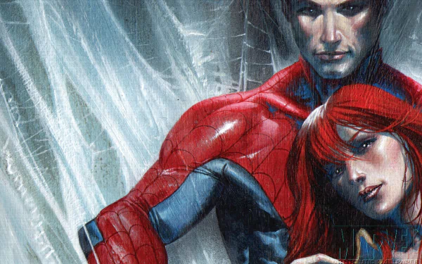 HD PC desktop wallpaper featuring Spider-Man and Mary Jane from the Spider-Man Unlimited comic series in a dramatic and intense pose.