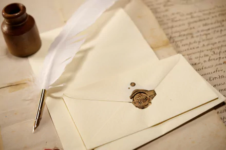HD photography of a vintage letter sealed with wax on an envelope, accompanied by a feather quill pen and an ink bottle, used as a PC desktop wallpaper background.