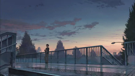 A serene sunset scene from the anime Your Name, featuring a character standing on a bridge with a vibrant sky and silhouettes of trees, set as a stunning HD desktop wallpaper.