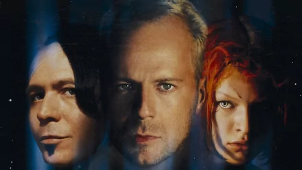 A dramatic HD wallpaper featuring Milla Jovovich, Gary Oldman, and Bruce Willis from the iconic movie The Fifth Element. Their intense expressions capture the film's sci-fi essence.