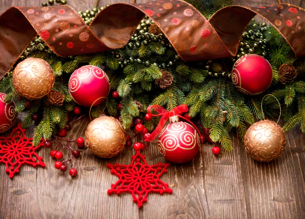 A festive 4K Ultra HD Christmas wallpaper featuring red and gold ornaments, red ribbons, pine branches, and red star decorations on a wooden background.