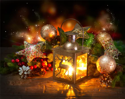 A festive arrangement featuring a glowing lantern surrounded by shimmering Christmas ornaments, star decorations, and holiday elements, creating a warm, inviting atmosphere.