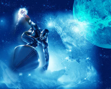 High-definition wallpaper featuring Norrin Radd, the Silver Surfer, soaring through a cosmic landscape filled with vibrant colors and celestial elements. A striking comic-inspired design.