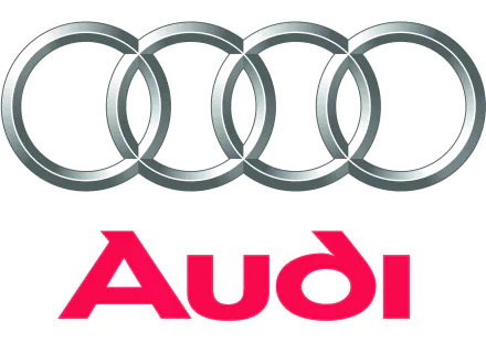 Audi logo featuring four interlinked chrome rings above bold red Audi text, presented as a sharp 4K Ultra HD PC desktop wallpaper and background.