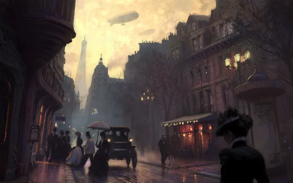 Artistic artwork HD PC desktop wallpaper background: moody steampunk-Victorian dusk street, wet cobblestones, gaslit buildings, silhouettes of pedestrians and a zeppelin drifting above.