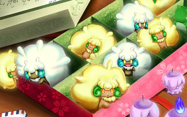 HD anime-style Pokémon wallpaper featuring multiple Litwick and Whimsicott characters arranged in colorful gift boxes on a desktop background.