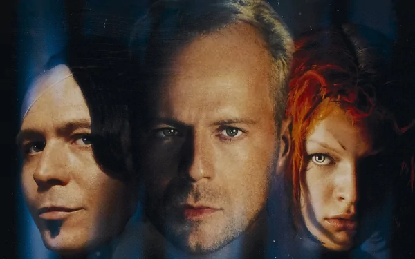 A dramatic HD wallpaper featuring Milla Jovovich, Gary Oldman, and Bruce Willis from the iconic movie The Fifth Element. Their intense expressions capture the film's sci-fi essence.