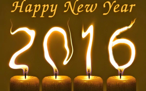 A warm HD desktop wallpaper featuring four lit candles, with wisps of smoke forming the year 2016 above the message Happy New Year, celebrating the holiday spirit.