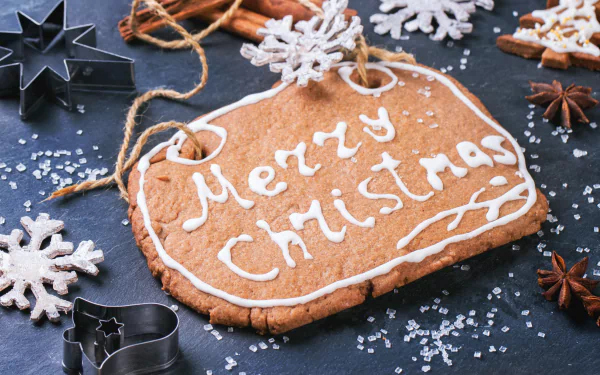 Close-up of a gingerbread cookie decorated with Merry Christmas icing, surrounded by holiday-themed cookie cutters, snowflake ornaments, and festive spices in a 4K Ultra HD background.