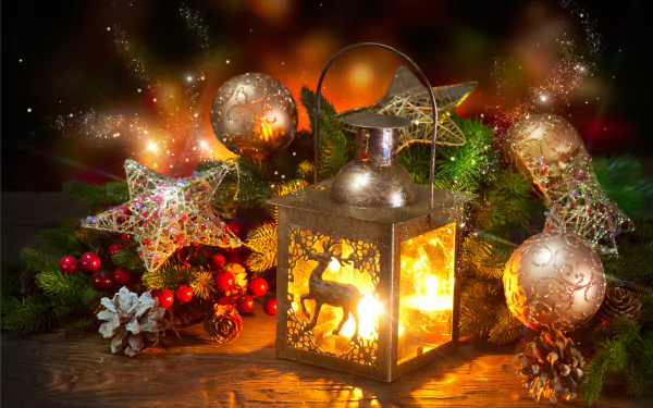 A festive arrangement featuring a glowing lantern surrounded by shimmering Christmas ornaments, star decorations, and holiday elements, creating a warm, inviting atmosphere.