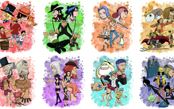 A vibrant HD desktop wallpaper featuring characters from the anime One Piece in dynamic poses against colorful backgrounds, showcasing the diverse crew on their adventures.