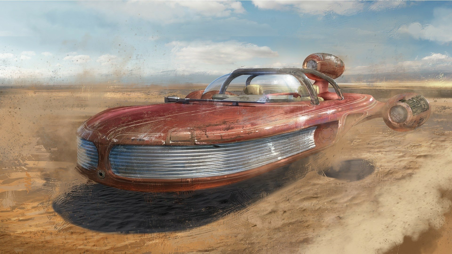A sleek, futuristic vehicle speeds through a sandy desert landscape, inspired by sci-fi aesthetics reminiscent of Star Wars. High-definition artwork for an immersive desktop background.