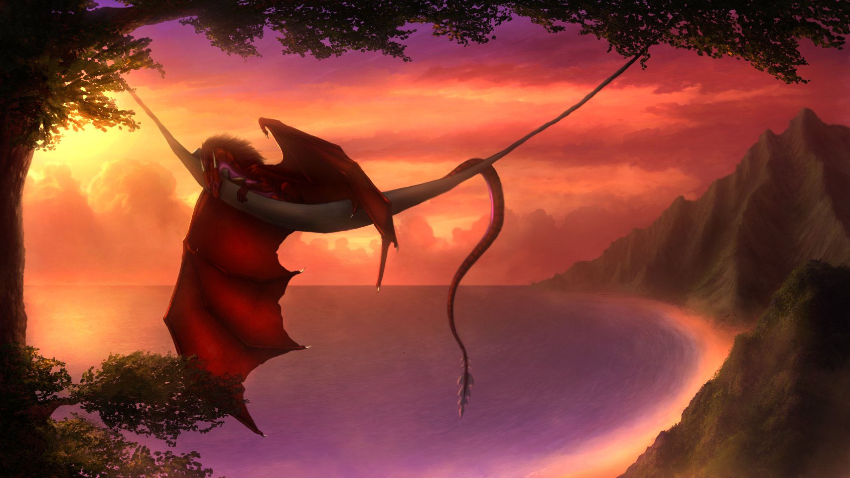 Fantasy landscape HD wallpaper featuring a dragon resting in a hammock overlooking a serene mountain beach at sunset.
