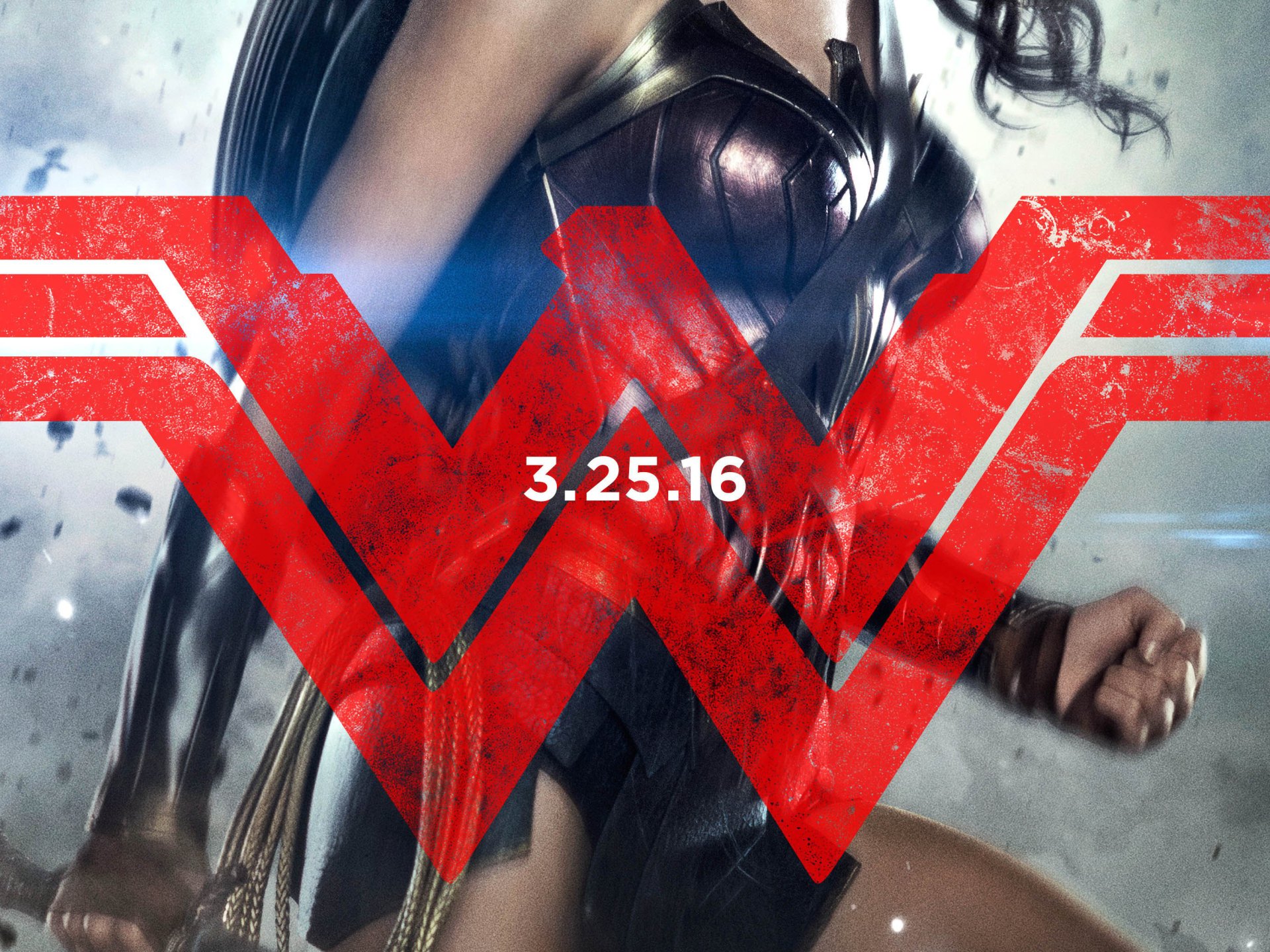 HD wallpaper featuring Wonder Woman from Batman V Superman: Dawn Of Justice, highlighted with a striking red emblem and the release date 3.25.16.