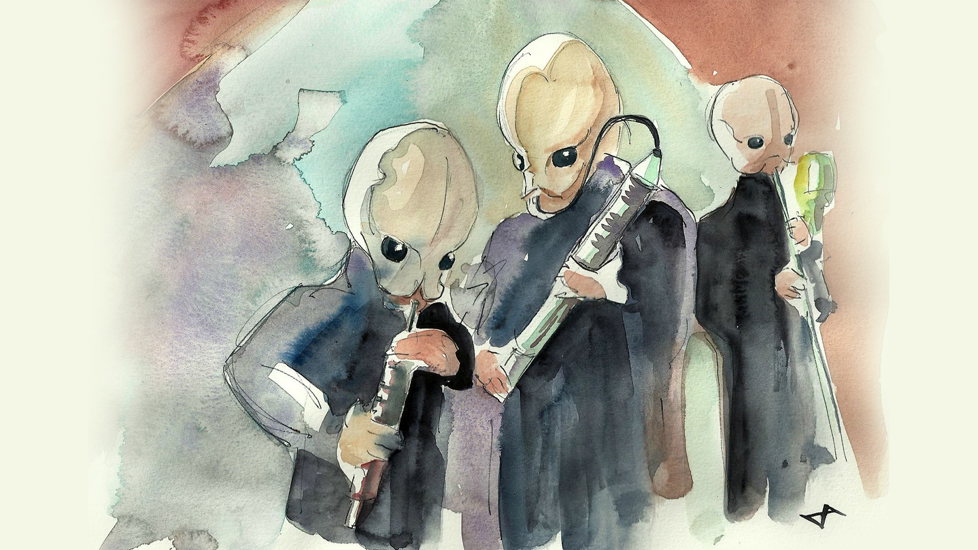 HD PC desktop wallpaper featuring a watercolor-style Star Wars scene with three alien musicians from the Cantina Band in a sci-fi setting.