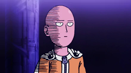 HD desktop wallpaper featuring Saitama from One-Punch Man, set against a dark purple background with architectural details.