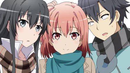 HD wallpaper of anime characters Hachiman Hikigaya, Yui Yuigahama, and Yukino Yukinoshita from My Teen Romantic Comedy SNAFU, featuring them in winter outfits and looking at the viewer.