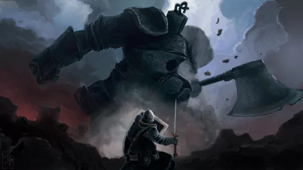 An epic scene from Dark Souls featuring an Iron Golem towering over a knight, set against a dramatic backdrop, creating a captivating HD wallpaper for fans of the game.