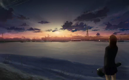 Akari Shinohara stands alone in a snowy landscape at sunset, capturing the emotional depth of *5 Centimeters per Second* in this stunning HD wallpaper.