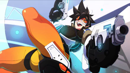 A vibrant HD wallpaper featuring Tracer from Overwatch, showcasing her dynamic pose with twin pistols, embodying the energetic spirit of the popular video game.