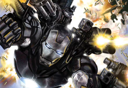 Dynamic HD wallpaper featuring War Machine from a comic, showcasing the armored hero in action amidst an explosive scene with vibrant colors and detailed weaponry.