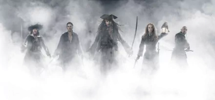 A dramatic HD wallpaper featuring characters from Pirates of the Caribbean: At World's End, including Captain Jack Sparrow and Elizabeth Swann, emerging from a foggy backdrop.
