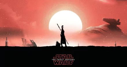 A dramatic silhouette of Rey and BB-8 against a vibrant sunset, showcasing iconic imagery from Star Wars Episode VII: The Force Awakens in stunning 4K Ultra HD.