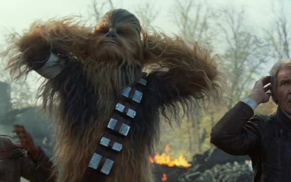 HD PC wallpaper featuring Chewbacca with Han Solo and Finn from Star Wars Episode VII: The Force Awakens, starring Harrison Ford and John Boyega.
