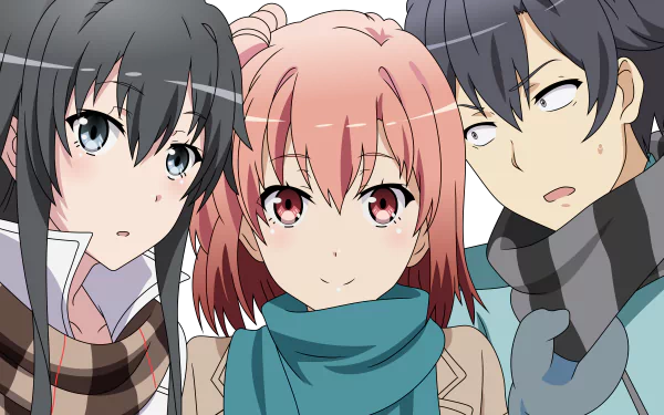 HD wallpaper of anime characters Hachiman Hikigaya, Yui Yuigahama, and Yukino Yukinoshita from My Teen Romantic Comedy SNAFU, featuring them in winter outfits and looking at the viewer.
