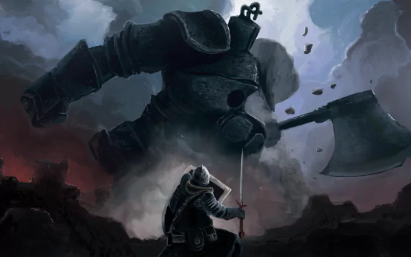An epic scene from Dark Souls featuring an Iron Golem towering over a knight, set against a dramatic backdrop, creating a captivating HD wallpaper for fans of the game.